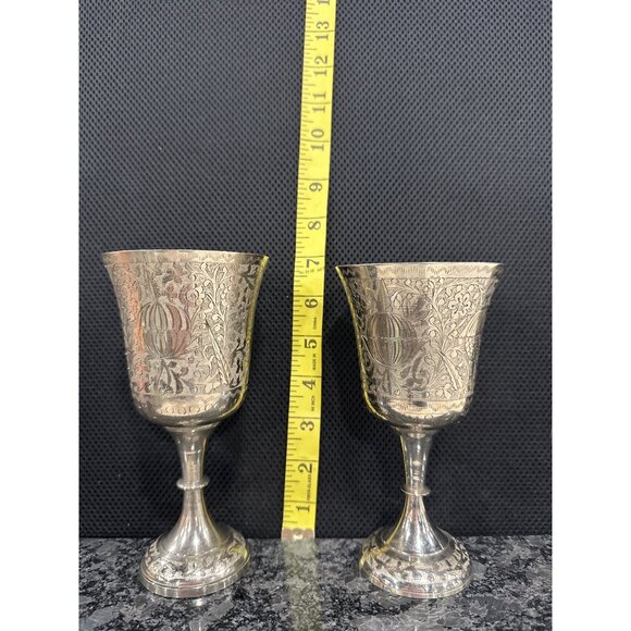 Vintage Silver-Plated Brass  Goblets Set Of 2 With Floral Etched - Picture 11 of 11